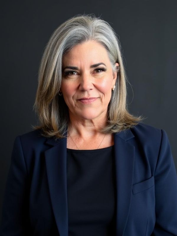 Professional headshot of a woman with shoulder-length gray hair in a navy blazer, smiling against a dark background.